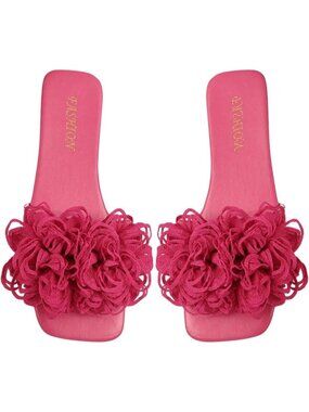 Women's 3D Floral Flat Sandals Hot Pink Square Open Toe PU Leather Slip on Slide